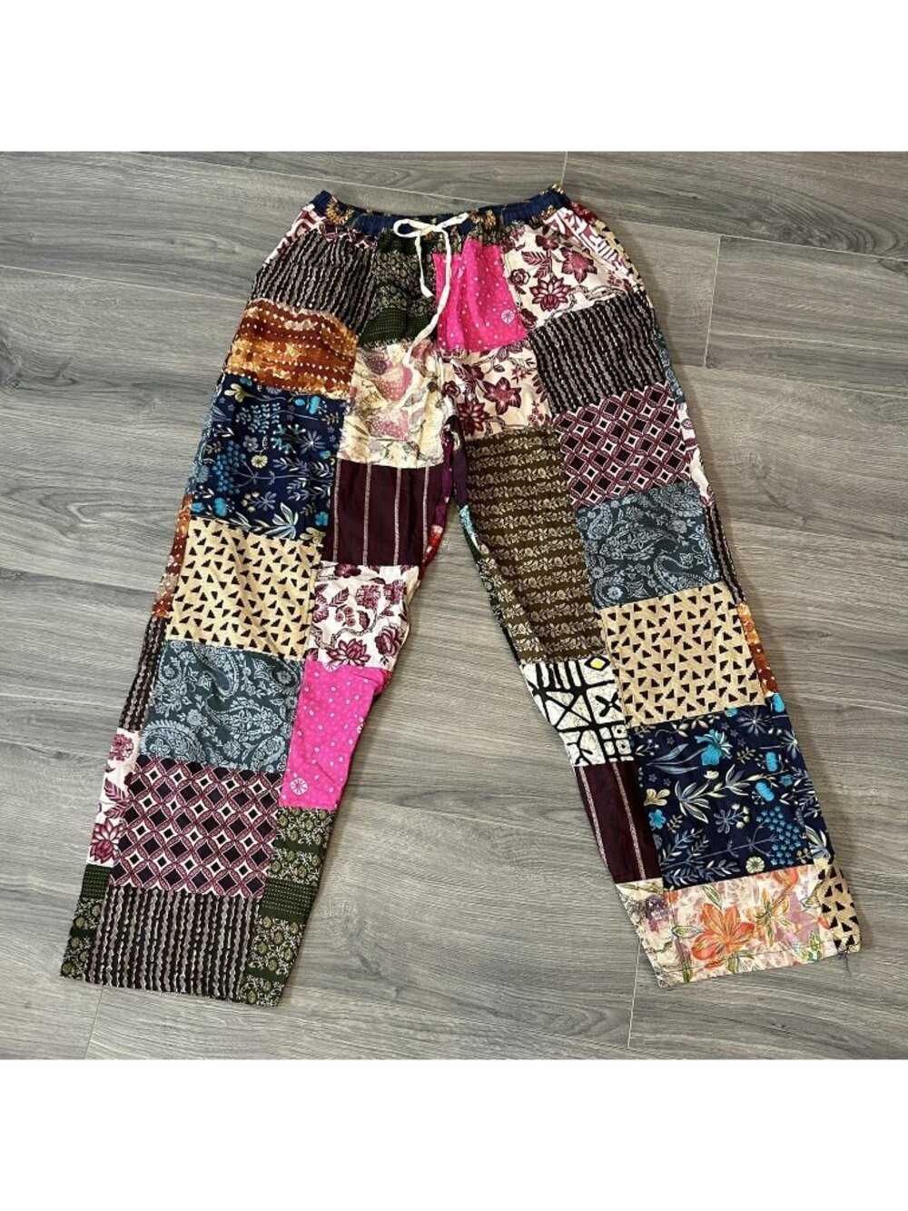 The Little Bazaar Pants Womens M Multicolor Patchwork Drawstring Harem Boho